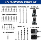 WORKPRO Kit de taladro inalámbrico de 12 V, 2 velocidades, 2 baterías de iones de litio de 2000 mAh, cargador rápido, embrague de 3/8 pulgadas, ajuste de par 18+3, 34 brocas de taladro/controlador incluidas - DIGVICE MX