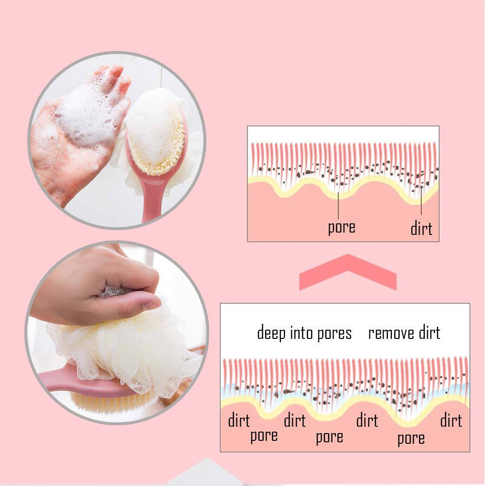 Honoma - Cepillo para el cuerpo de la ducha con cerdas y lufa, esponja de malla de baño para fregar la espalda con mango largo curvo para el baño exfoliante de la piel