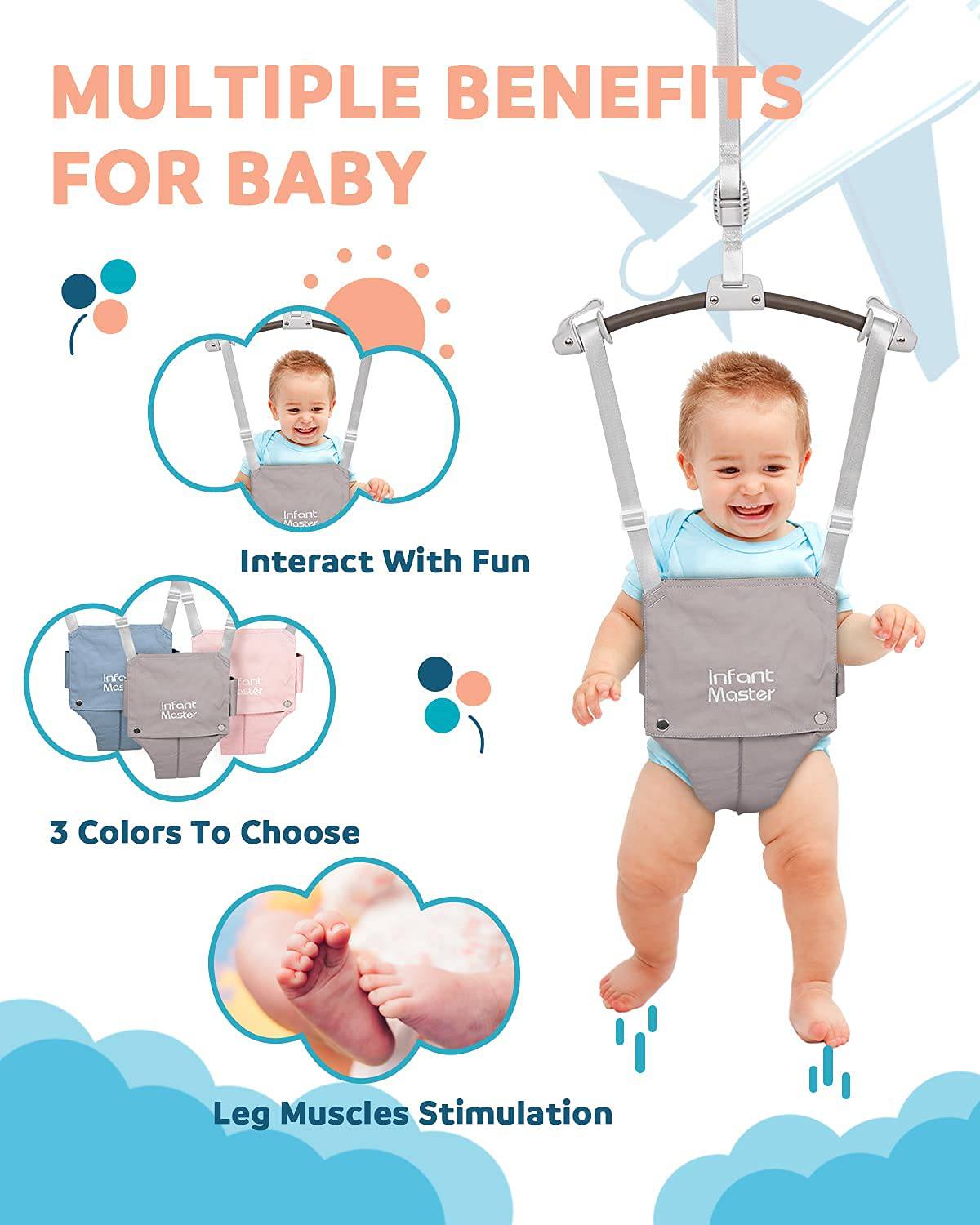 Infant Master Baby Doorway Jumpers, resistente Johnny Jumper con correa ajustable de 10.8"-23.6" pulgadas, suave Baby Johnny Bouncer con bolsa de asiento, regalo ideal para bebés, portátil y fácil de usar, gris - DIGVICE MX