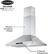 COSMO 63175S Campana de montaje en pared de 30 pulgadas con conductos convertibles sin conductos (no incluye kit), ventilación de estufa estilo chimenea de techo, luz LED, filtro permanente, ventilador de 3 velocidades en acero inoxidable - DIGVICE MX