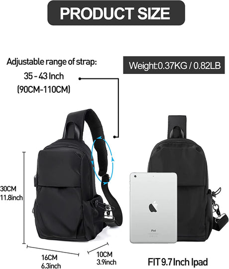 SEAFEW - Mochila pequeña negra con bandolera para hombres y mujeres, mochila ligera con una correa, puerto de carga USB, nailon