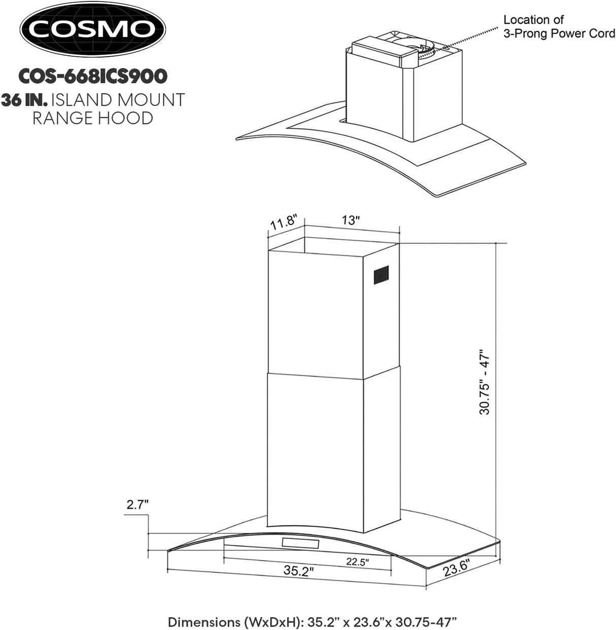 COSMO 668ICS900 Campana extractora de isla de 36 pulgadas con 380 CFM, 3 velocidades, conductos, filtros permanentes, controles táctiles suaves, luces LED, campana de vidrio curvo en acero inoxidable - DIGVICE MX