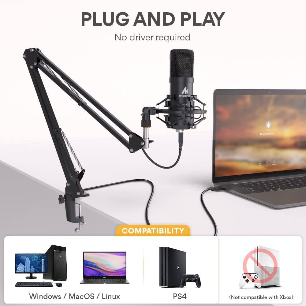 MAONO Kit de micrófono USB 192KHZ/24BIT AU-A04T PC condensador podcast  streaming cardioide Mic Plug & Play para computadora, , grabación de
