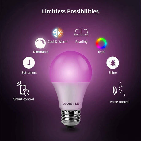 LEPRO - Bombillas WiFi inteligentes, luces LED que cambian de color, funciona con Alexa y Google Assistant, RGBW 2700K-6500K, equivalente a 60 W, regulable con aplicación, A19 E26, no requiere concentrador, solo WiFi de 2,4 GHz, paquete de 4 - DIGVICE MX