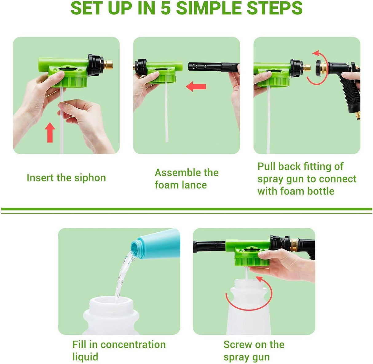 Ohuhu - Pistola de espuma para lavado de autos, rociador de jabón para lavado de autos con conector de latón de 3/8 "y guantes de lavado de autos, doble filtración, 6 niveles de concentración de espuma (verde)