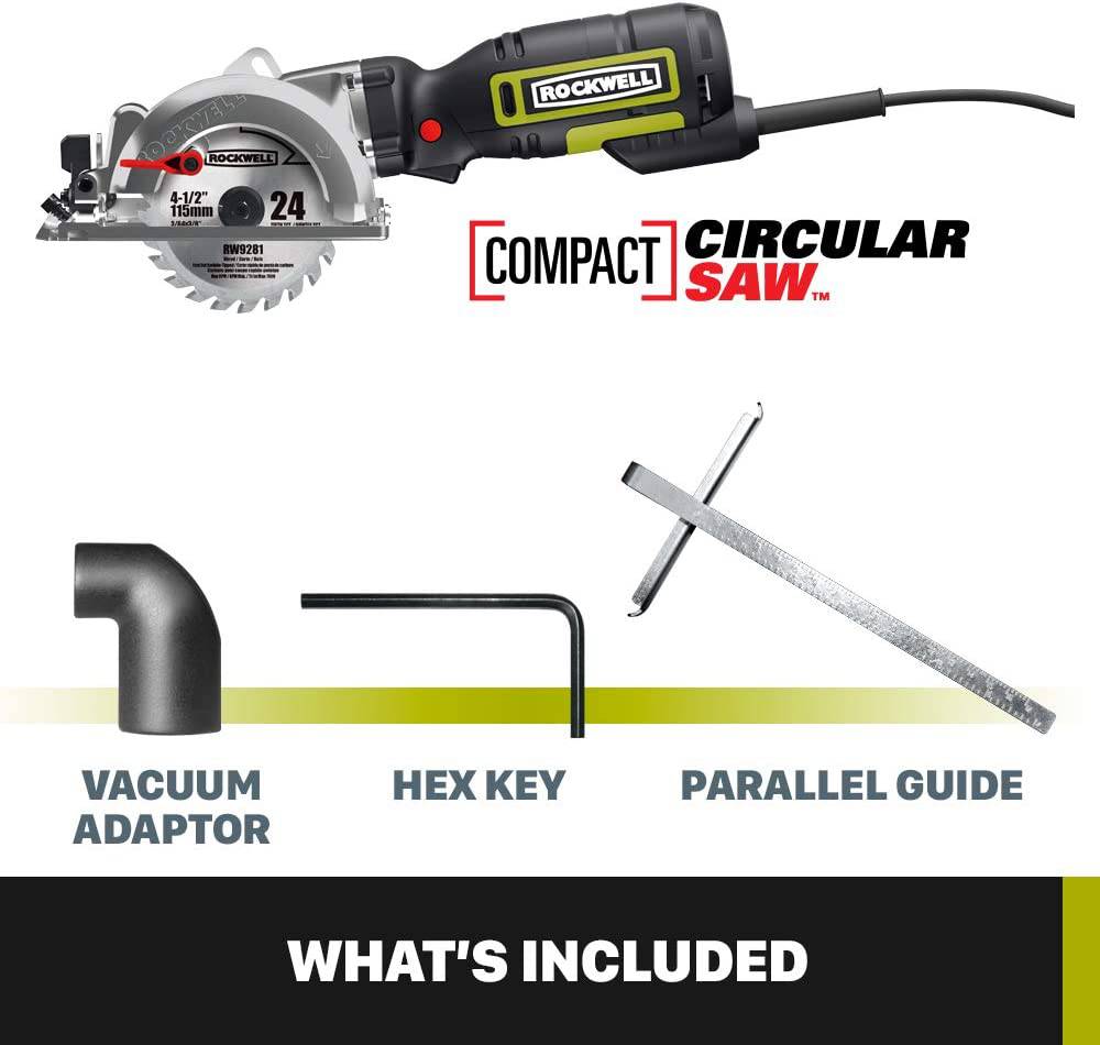 Sierra circular compacta Rockwell de 4-1/2", 5 amperios, 3500 rpm, con puerto para polvo y kit básico, RK3441K, negra - DIGVICE MX