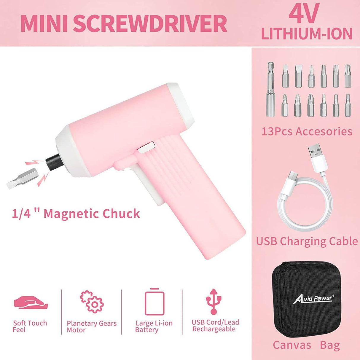 AVID POWER Juego de mini destornilladores eléctricos inalámbricos Kit de pistola de tornillo recargable de 4 V con bolsa de lona, 12 puntas y cable USB, luz LED (rosa) - DIGVICE MX