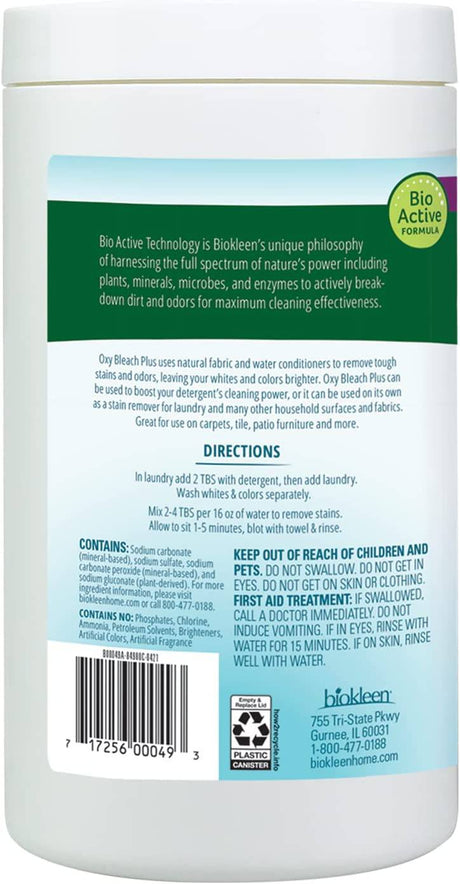 Biokleen Laundry Oxygen Bleach Plus 32 HE Loads - Eliminador de manchas concentrado, blanquea y aclara, ecológico, a base de plantas, sin fragancia artificial ni conservantes, 2 libras, 32 onzas líquidas - DIGVICE MX