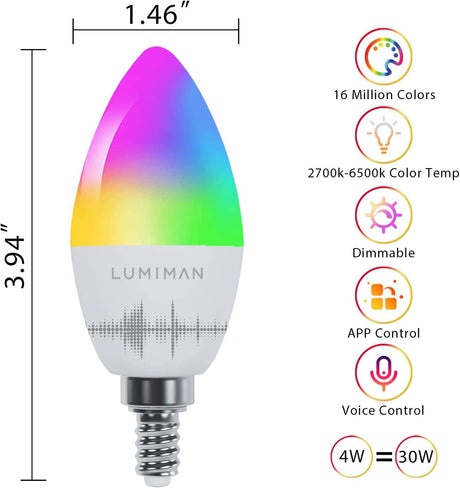 LUMIMAN Bombilla de candelabro inteligente WiFi E12 Bombilla LED B10/B11 Bombillas de lámpara de araña que cambian de color RGBCW Regulable, compatible con Alexa y Google Assistant 4W 400LM - DIGVICE MX