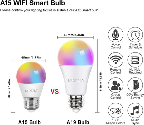 LEDEPLY - 5 W = 40 W, bombilla inteligente A15, compatible con Alexa, Google Home, E26, cambio de color, bombillas LED WiFi regulables, no requiere concentrador, 1 paquete, - DIGVICE MX