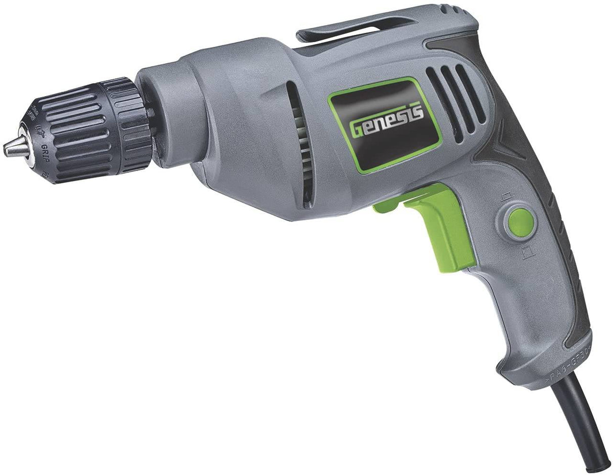 Genesis GD38B Taladro eléctrico reversible de velocidad variable con mandril sin llave de 3/8 pulgadas, clip para cinturón, agarre de goma y botón de bloqueo, gris/verde - DIGVICE MX