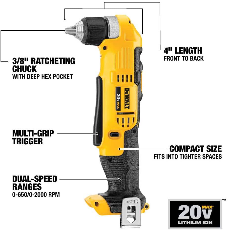 DEWALT 20V MAX* Taladro de ángulo recto, inalámbrico, solo herramienta (DCD740B) - DIGVICE MX