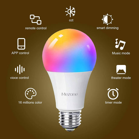 MEZONE - Bombilla inteligente WiFi, compatible con Alexa y Google Home, Mezone E26 RGB que cambia de color con aplicación, no requiere concentrador, bombilla LED inteligente regulable A19 7 W 60 W equivalente, 2 unidades - DIGVICE MX