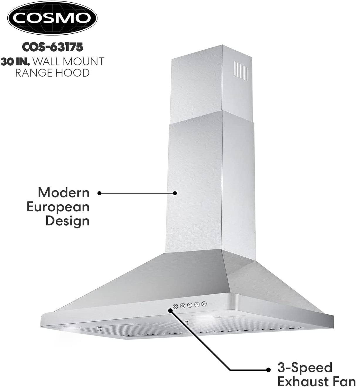 Cosmo 63175 631 Campana extractora de montaje en pared con conducto convertible sin conducto, ventilación sobre estufa estilo chimenea, 380 CFM, ventilador de 3 velocidades, filtros permanentes, luces LED en acero inoxidable, 30 pulgadas - DIGVICE MX