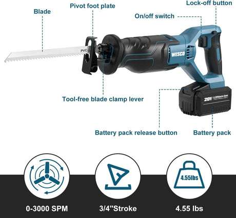 WESCO Sierra de sable inalámbrica de 20 V con 1 batería de 4,0 Ah, 6 hojas de sierra, velocidad variable 3000 SPM, longitud de carrera de 3/4", cambio de hoja sin herramientas - DIGVICE MX