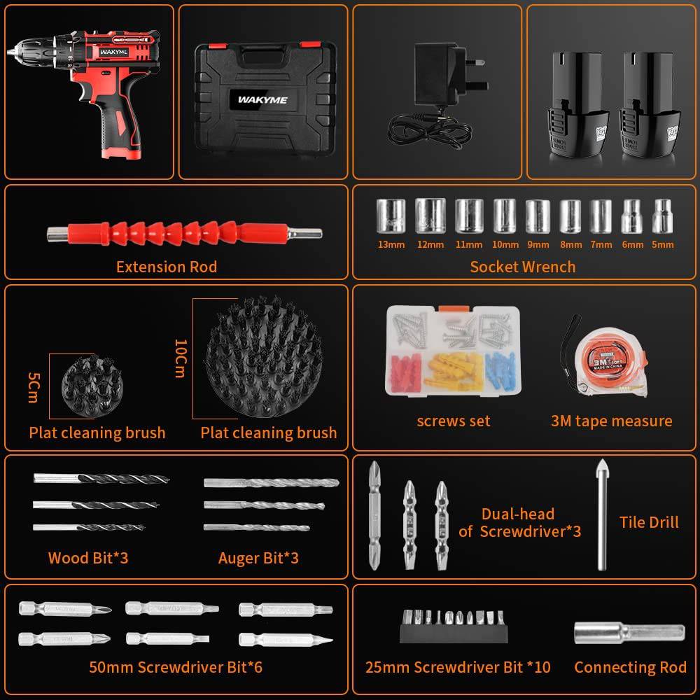 WAKYME Kit de taladro inalámbrico de 12,6 V, taladro eléctrico con 2 baterías, 30 Nm, embrague de 18 +3, portabrocas sin llave de 3/8 pulgadas, luz LED, destornillador eléctrico de velocidad variable - DIGVICE MX