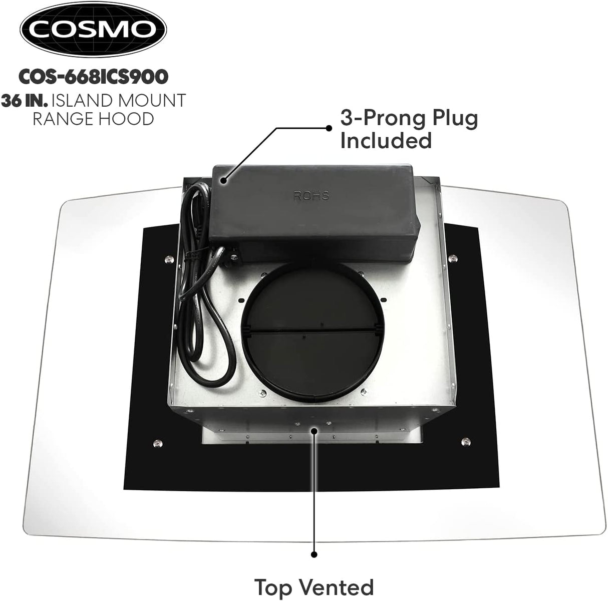 COSMO 668ICS900 Campana extractora de isla de 36 pulgadas con 380 CFM, 3 velocidades, conductos, filtros permanentes, controles táctiles suaves, luces LED, campana de vidrio curvo en acero inoxidable - DIGVICE MX