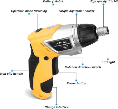 Destornillador eléctrico inalámbrico, NOUVCOO 47 piezas de pistolas de tornillo recargables con luces LED integradas, 7 ajustes de par, batería de iones de litio de 3,6 V 1300 mAh, accesorios completos para bricolaje doméstico, amarillo - DIGVICE MX