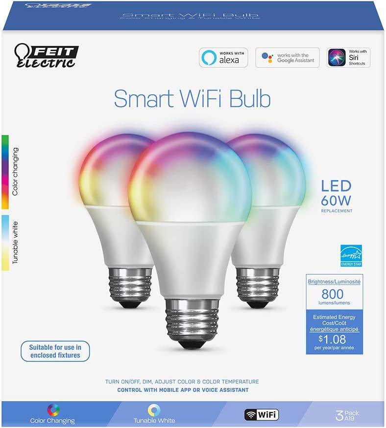 Feit  - Bombillas eléctricas inteligentes con cambio de color RGB y blanco sintonizable, bombillas WiFi de 2,4 GHz, no necesita concentrador, funciona con Alexa y Google, regulable 60 W = LED 9 W, OM60/RGBW/CA/AG/3, paquete de 3 - DIGVICE MX