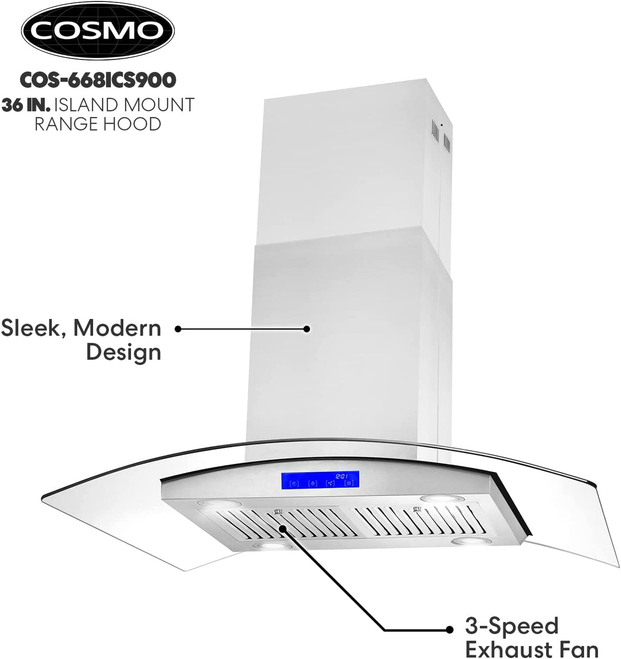 COSMO 668ICS900 Campana extractora de isla de 36 pulgadas con 380 CFM, 3 velocidades, conductos, filtros permanentes, controles táctiles suaves, luces LED, campana de vidrio curvo en acero inoxidable - DIGVICE MX