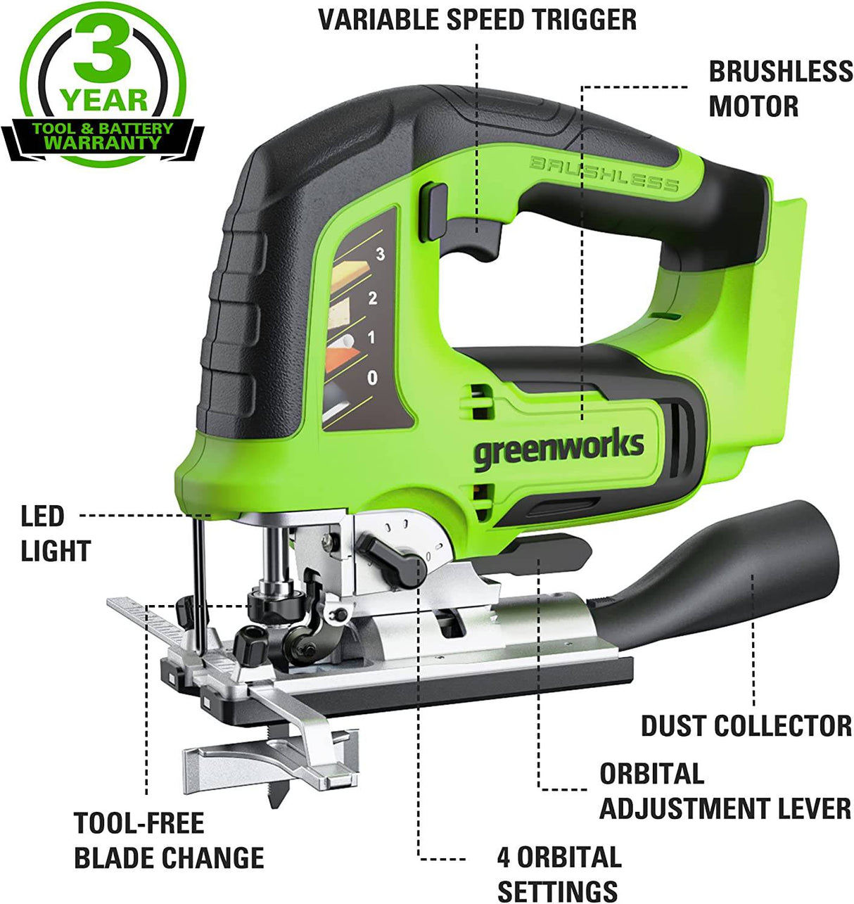 Greenworks 24V Jigsaw sin escobillas inalámbrico - 3000 SPM, 4 configuraciones orbitales, velocidad variable, con batería 2AH y cargador 2A, 6 cuchillas para madera y metal - DIGVICE MX