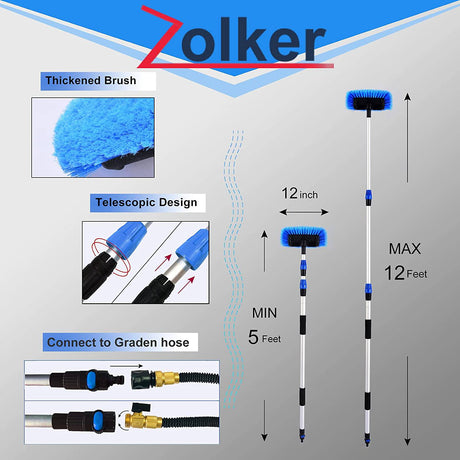 Zolker 5-12 pies (alcance de 20 pies) flujo a través del cepillo de lavado de autos, mango largo