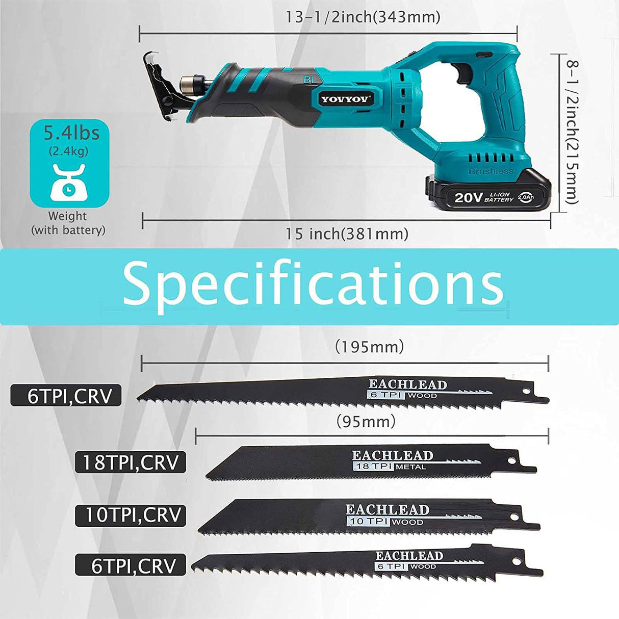 YOVYOV Sierra recíproca inalámbrica con batería, sierra inalámbrica de 20 V 2,0 Ah, cambio de hoja sin herramientas y velocidad variable, 4 hojas de sierra para corte de madera y metal incluidas - DIGVICE MX