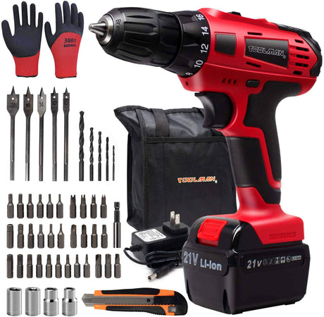 Toolman 21 V velocidad variable taladro inalámbrico 53 piezas, 3/8 mandril sin llave, 2 ajustes de velocidad, 18+1 ajuste de par ZTP037 - DIGVICE MX