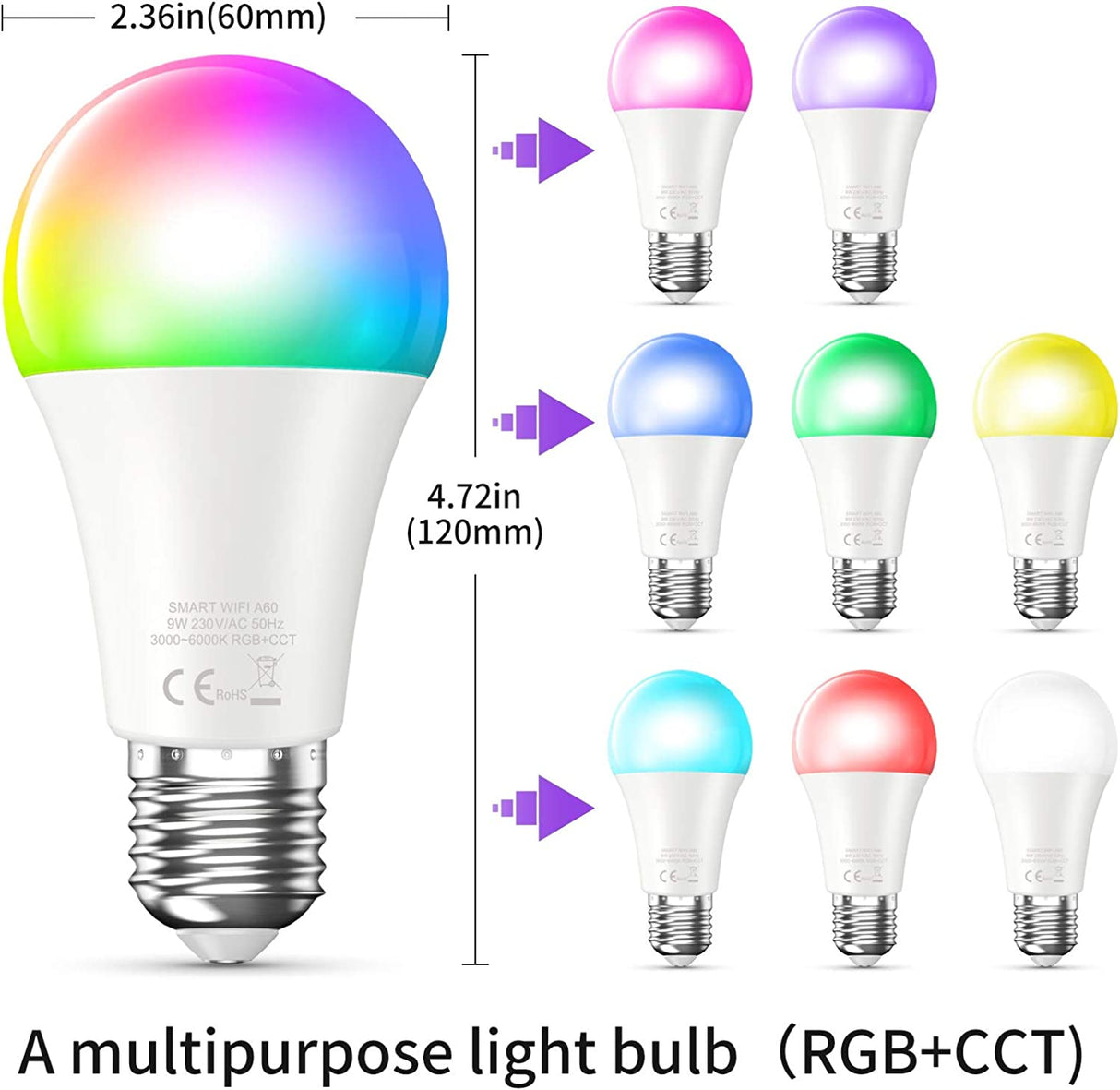 Meross Bombilla LED A60,9W,RGB+CCT,E27 compatible con Apple HomeKit, Google  y Alexa
