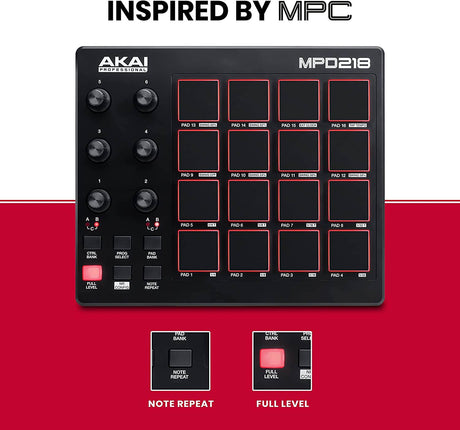 AKAI Professional MPD218 - Controlador MIDI USB con 16 pads de batería MPC, 6 perillas asignables, botones de nivel completo y repetición de notas y software de producción