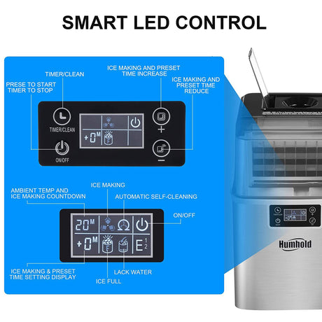 Humhold CounterTop Ice Maker con programa preestablecido de 24 horas, 44 libras/24 horas con autolimpieza, 24 cubitos de hielo transparentes en 12 minutos, 12 espesores ajustables - DIGVICE MX