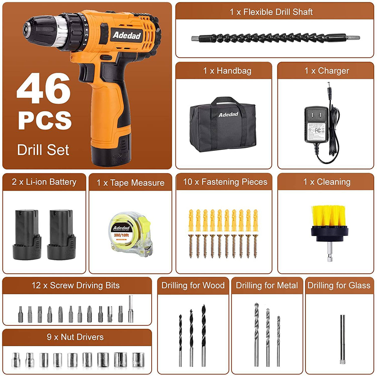 Adedad Juego de taladro inalámbrico Adedad de 12 V sin cable, 2 baterías de iones de litio, 30 piezas de accesorios, potente taladro pequeño - DIGVICE MX