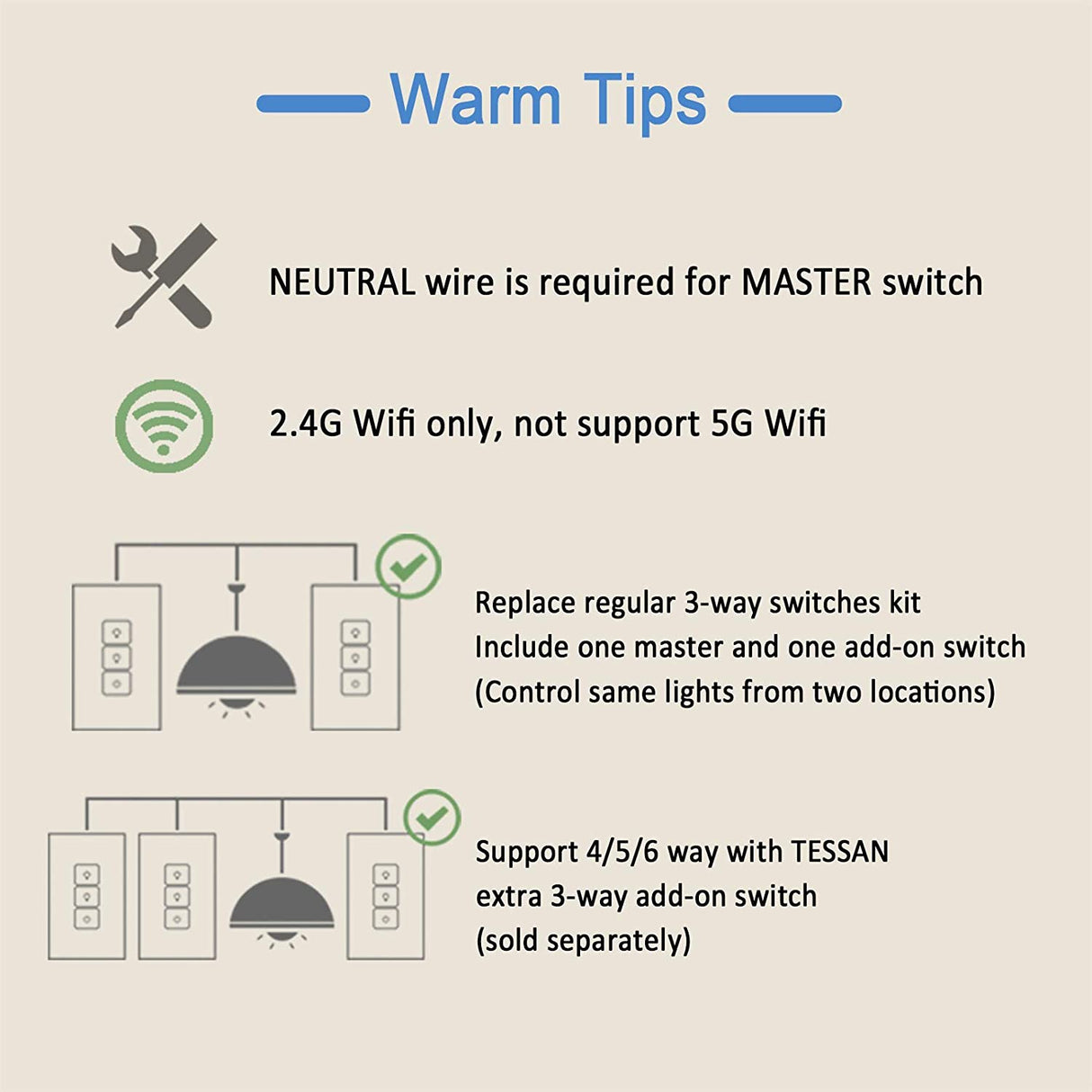 TESSAN Interruptor de atenuación inteligente WiFi de 3 vías, interruptor de luz regulable de tres vías, 2 atenuadores maestros y 2 adicionales, funciona con Alexa, Google Home, aplicación Smart Life, cable neutro requerido - DIGVICE MX