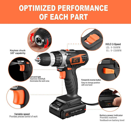 MAIBERG Taladro inalámbrico, juego de pistola de tornillo de energía eléctrica con batería de 20 V 2 Ah, 26 accesorios, par máximo de 300 libras (300 in-lb), cargador de 1.3 A, portabrocas de 3/8 pulgadas, 2 velocidades variables - DIGVICE MX