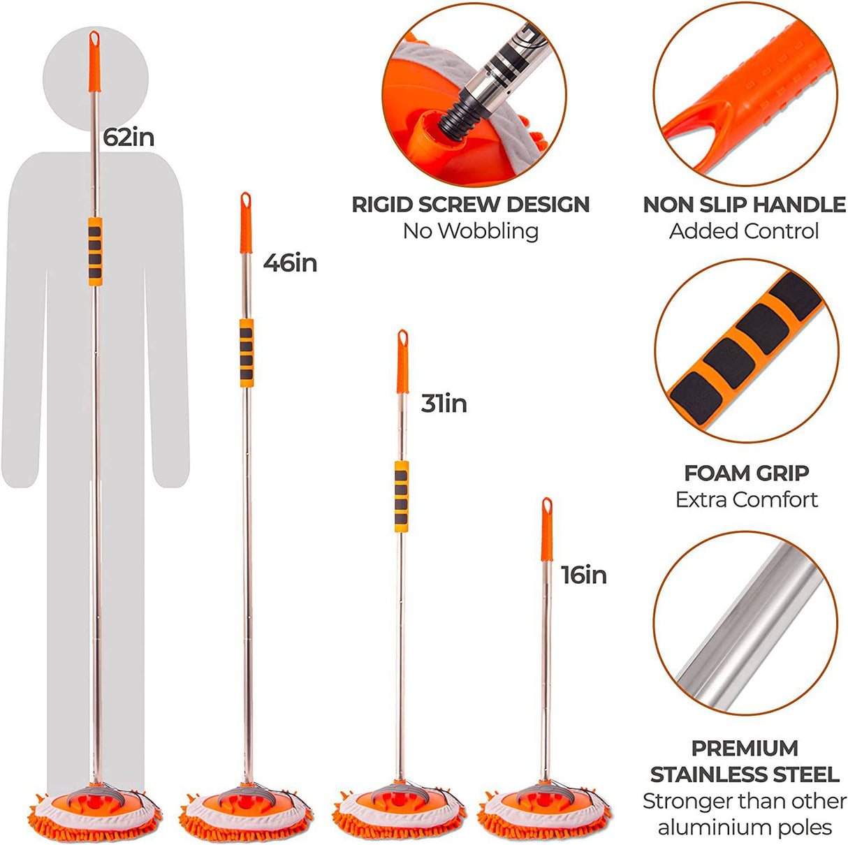 Homeflowz Kit de trapeador para lavado de autos [10 piezas] - Cepillo para lavado de autos con mango largo - Poste de acero inoxidable de 62'' - Guante de cepillo para lavado de autos de microfibra de chenilla sin rasguños