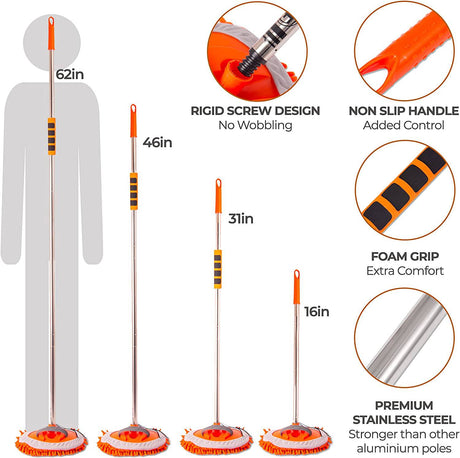 Homeflowz Kit de trapeador para lavado de autos [10 piezas] - Cepillo para lavado de autos con mango largo - Poste de acero inoxidable de 62'' - Guante de cepillo para lavado de autos de microfibra de chenilla sin rasguños