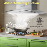 Comfee CVG30W8AST 30 Inches Ducted Wall Mount Vent Range Hood with 450 CFM 3 Speed Exhaust Fan, Baffle Filters, Curved Glass, 2 LED Lights, Convertible to Ductless, Stainless Steel - DIGVICE MX