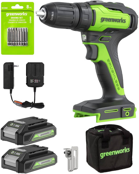 Greenworks Kit de taladro inalámbrico sin escobillas de 24 V, 310 pulgadas/libras, embrague de 18+1 posición, portabrocas sin llave de 1/2 pulgada, velocidad variable, (2) baterías de 2 Ah con cargador de 2A, luz LED, 8 brocas con bolsa de herramientas - DIGVICE MX