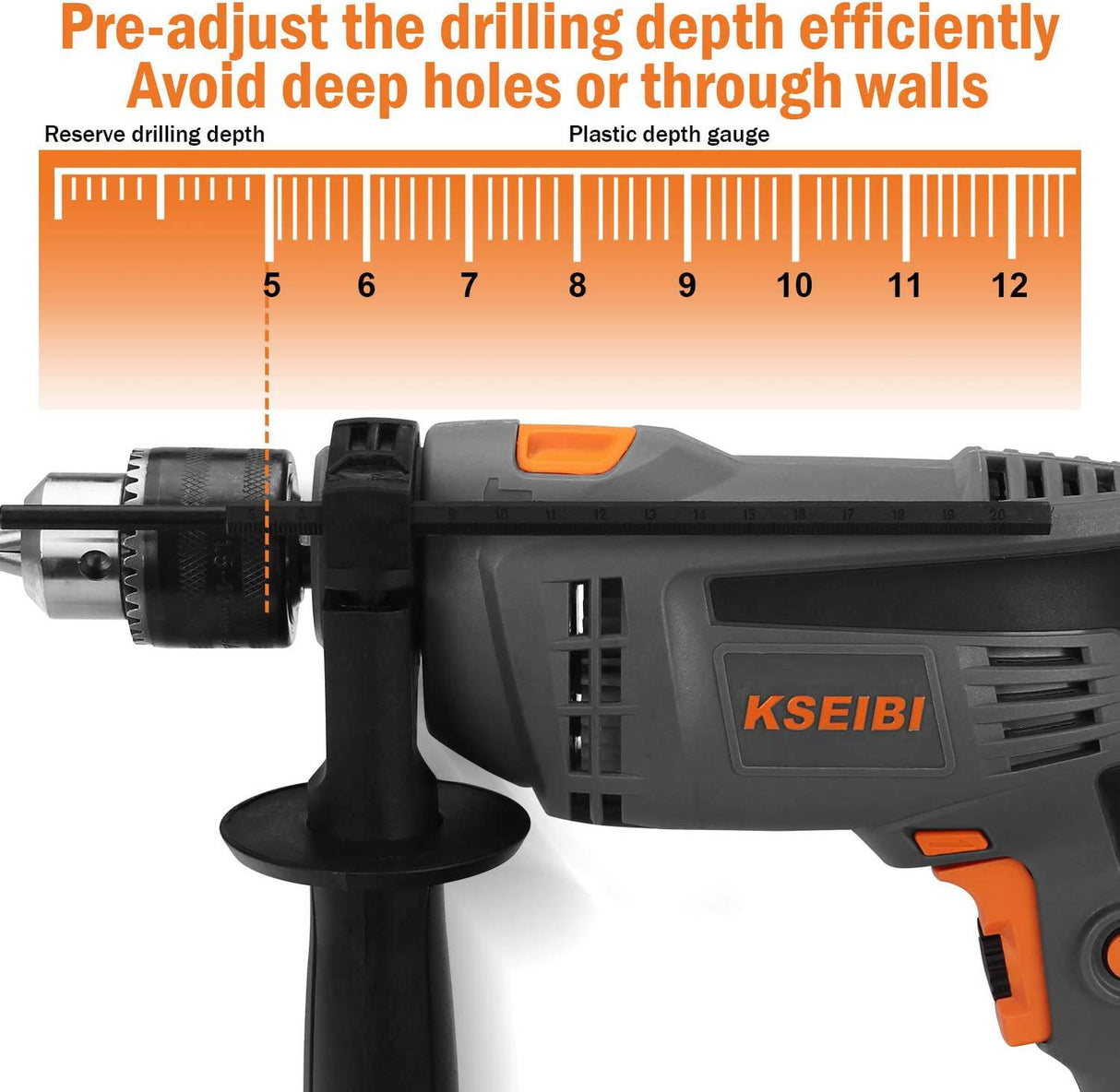 KSEIBI Taladro de martillo eléctrico con cable de 1/2 pulgada, máquina de perforación pequeña de 6 amperios, velocidad variable, 0-2600 RPM, medidor de profundidad, taladro de impacto de función inversa (KSB 710-D) - DIGVICE MX