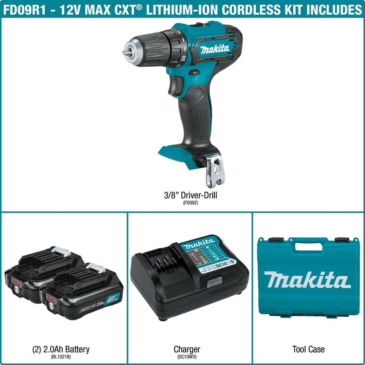 Makita FD09R1 12V max CXT Litio-Ion Inalámbrico 3/8" Driver-Drill Kit (2.0Ah) - DIGVICE MX