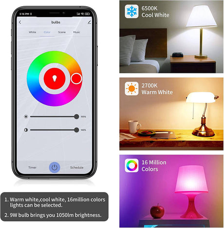 Bewahly Bombillas inteligentes, bombilla Alexa que cambia de color, malla WiFi, bombillas inteligentes que funcionan con Alexa/Google Home, bombilla LED regulable A19 E26 multicolor, alto brillo, 9 W 800 lm, 110 V CA, paquete de 6 - DIGVICE MX