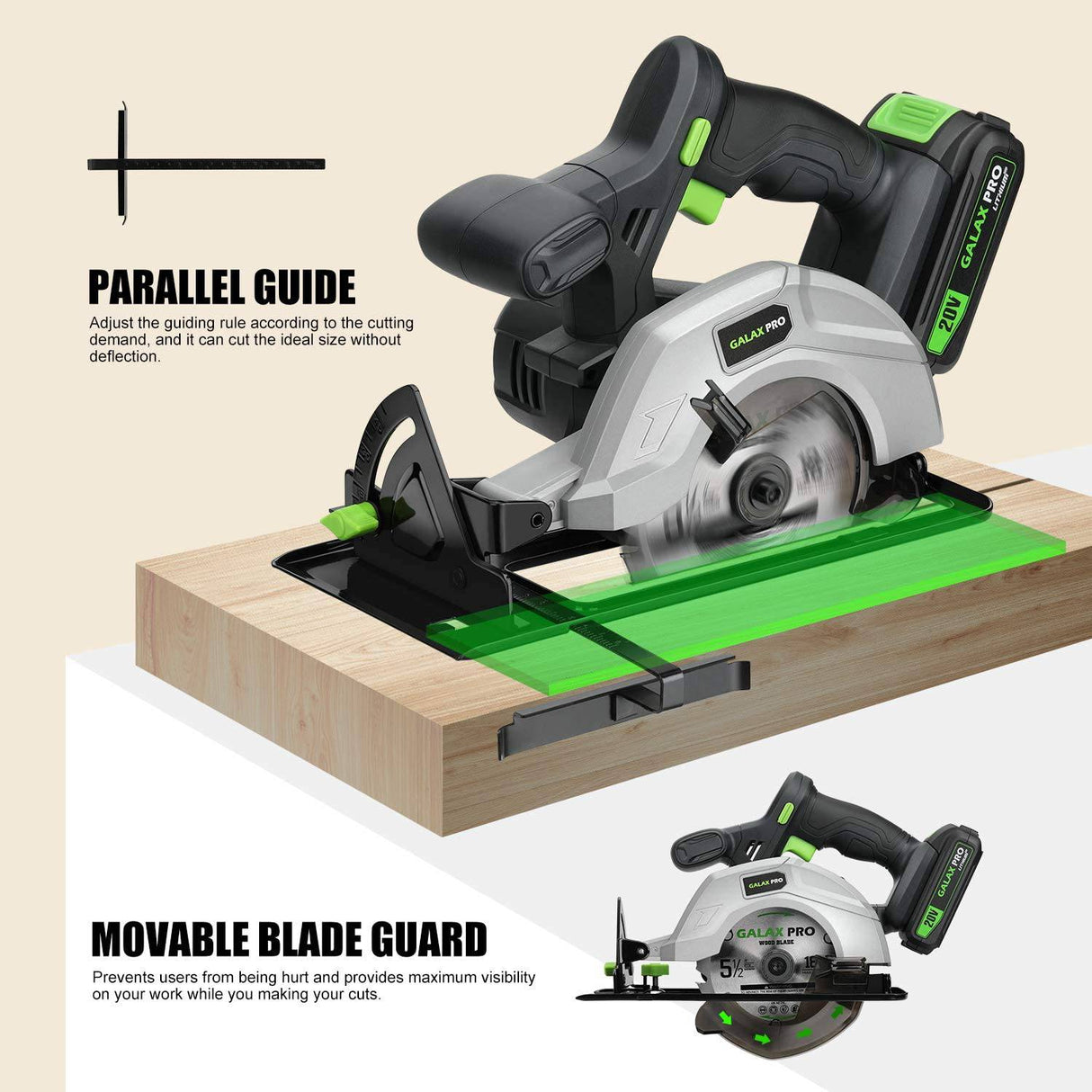 Sierra circular inalámbrica GALAX PRO DC-20V de 5-1/2” con 2 cuchillas (18T+48T), velocidad variable de 3800 RPM, incluye batería de litio de 2.0 Ah y cargador rápido, profundidad máxima de corte de 1-5/8” (90°), 1-7/16”(45°) - DIGVICE MX