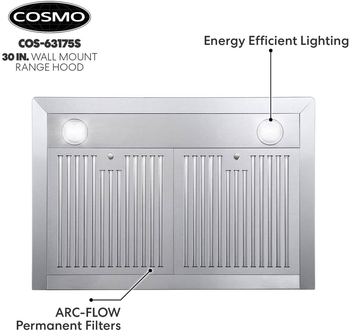 COSMO 63175S Campana de montaje en pared de 30 pulgadas con conductos convertibles sin conductos (no incluye kit), ventilación de estufa estilo chimenea de techo, luz LED, filtro permanente, ventilador de 3 velocidades en acero inoxidable - DIGVICE MX