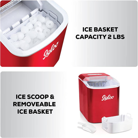 Igloo ICEB26RR Máquina automática portátil eléctrica para hacer hielo en la encimera, 26 libras en 24 horas, 9 cubitos de hielo listos en 7 minutos, con pala de hielo y cesta - DIGVICE MX