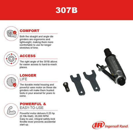 Amoladora neumática Ingersoll Rand 307B de 1/4 in, recta, 28 000 RPM, 0,25 HP, construcción de cojinete de bolas, bloqueo de seguridad, carcasa de aluminio, herramienta eléctrica liviana, gris - DIGVICE MX