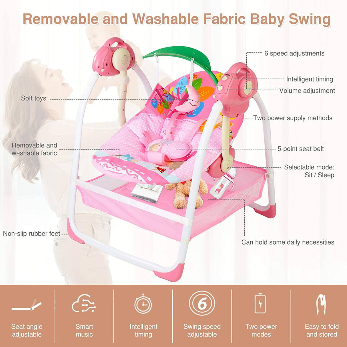 AIBEEYOU - Columpio para bebé con 6 movimientos, con música, sonidos y función de sincronización, balancín para bebé con 2 juguetes, asiento de plástico y soporte suave para la cabeza, tela lavable a máquina (rosa) - DIGVICE MX