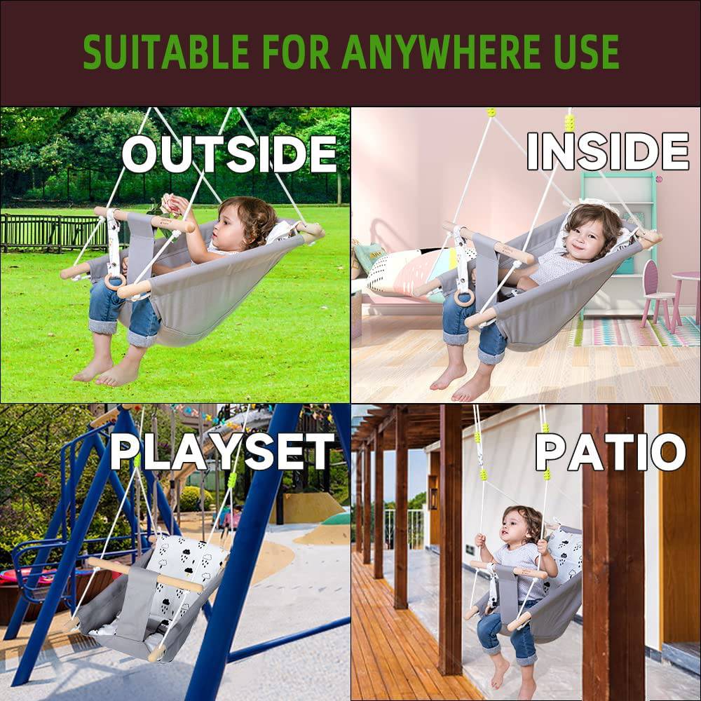 GLADSWING - Columpio para bebés y niños pequeños, de lona para bebés en interiores y exteriores con cinturón de seguridad y accesorios de montaje, silla colgante de madera para bebés de hasta 4 años - Little Cloud - DIGVICE MX