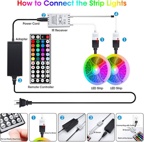 ehomful Tira de luces LED de 32.8 pies, tipo 5050 que cambia de color, 44 teclas, control remoto, luces LED para dormitorio, habitación, cocina y decoraciones para fiestas - DIGVICE MX