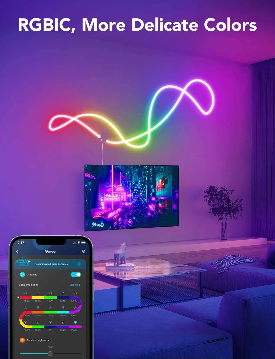 Govee RGBIC Cuerda de luz de neón, luces de cuerda de 16.4 pies con sincronización de música, diseño creativo de bricolaje, funciona con Alexa y Google Assistant, tira de luces LED  (no es compatible con WiFi 5G) - DIGVICE MX