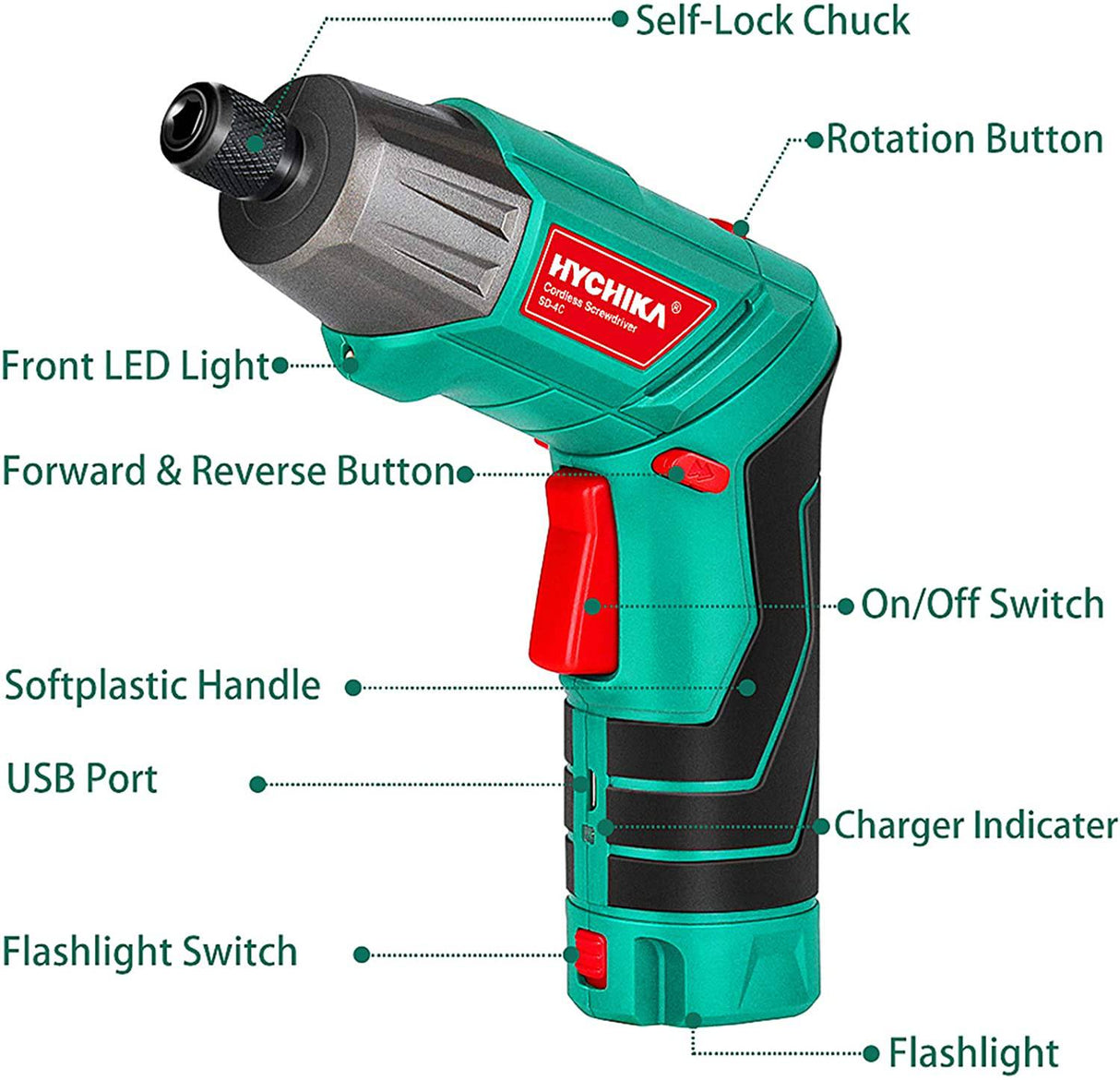 Destornillador inalámbrico 6 N.m, HYCHIKA 4V 2.0Ah Destornillador eléctrico Recargable Pistola y juego de puntas, LED frontal y linterna trasera, Llave de trinquete, Carga de CC con cable USB, 36 piezas Accesorios - DIGVICE MX